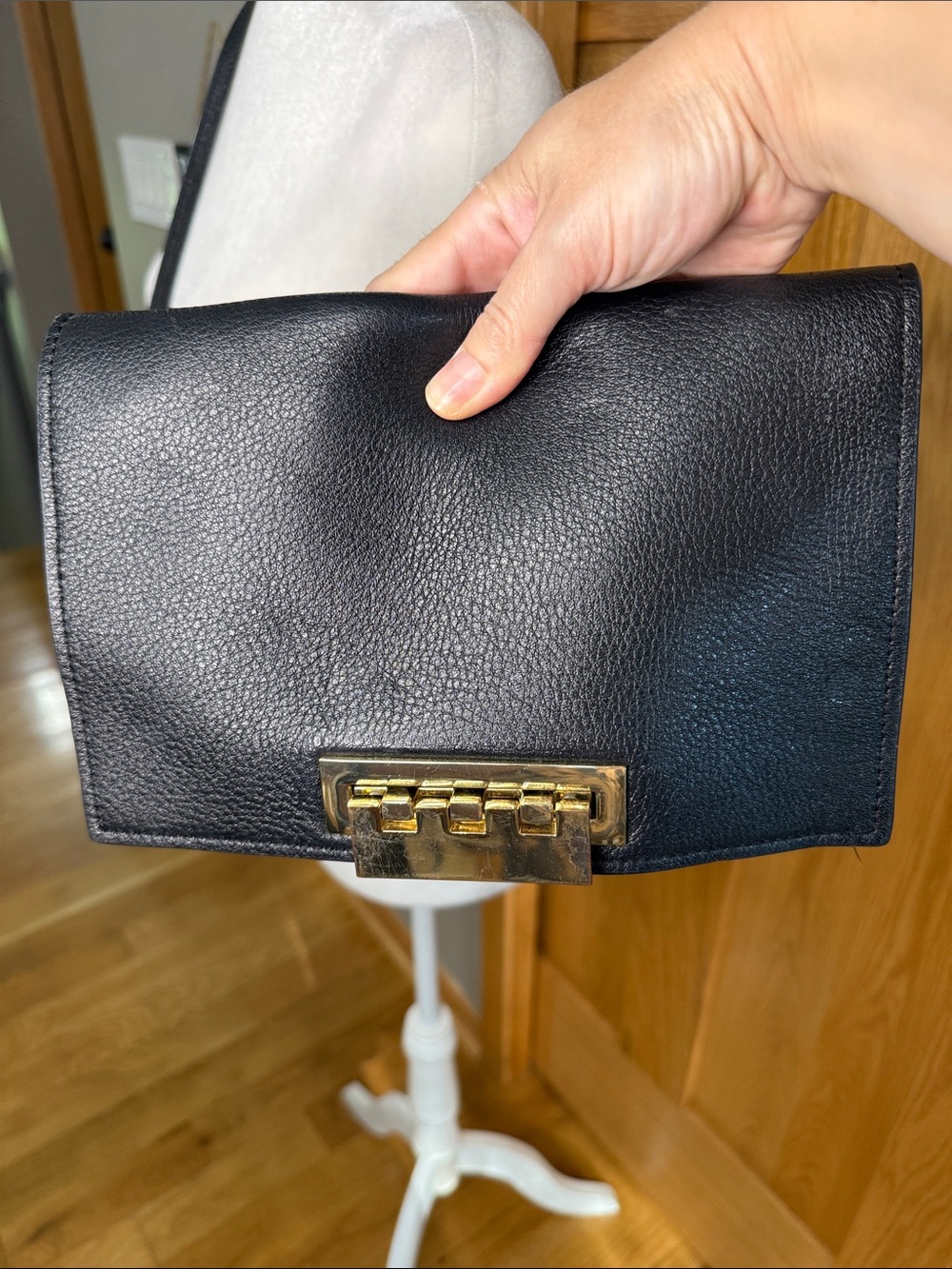 Zac Posen Black Leather Fold-Over Clutch with Gold Hardware